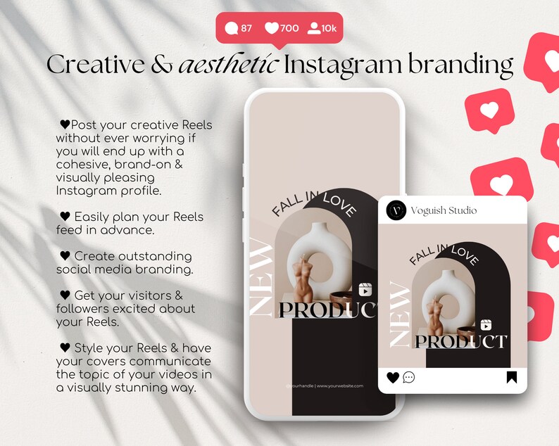 May include: A graphic design template for Instagram featuring a black and white illustration of a vase with the text "NEW FALL IN LOVE PRODUCT" in a black and white arch. The template is designed for promoting a new product.