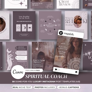 Op de afbeelding: Een verzameling Instagram post templates in paars en wit, ontworpen voor een spirituele coach. De templates bevatten tekst en afbeeldingen over meditatie, readings en energie healing. Het Canva logo is zichtbaar.