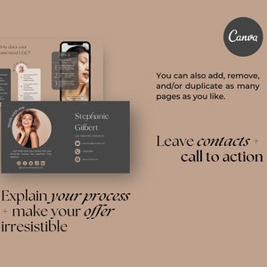 May include: A digital marketing graphic with the Canva logo. The design includes a business card with contact information, a phone screen with a beauty tutorial, and text that reads "Why does your brand need UGC?" and "Explain your process + make your offer irresistible."