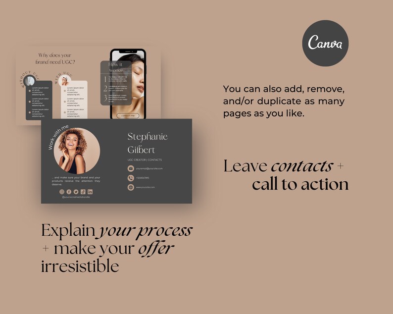 May include: A digital marketing graphic with the Canva logo. The design includes a business card with contact information, a phone screen with a beauty tutorial, and text that reads "Why does your brand need UGC?" and "Explain your process + make your offer irresistible."