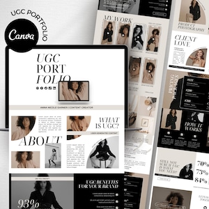 May include: A website mockup for a content creator's portfolio. The website features a black and white color scheme with a modern design. The website includes sections for about, pricing, and how it works. The website also includes a section for user-generated content (UGC) and the benefits of UGC for brands.