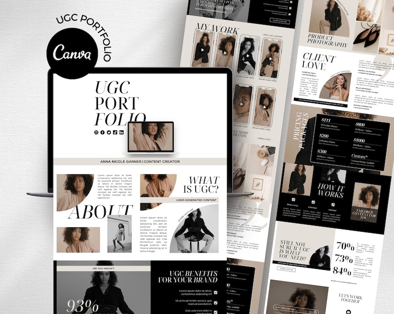 May include: A website mockup for a content creator's portfolio. The website features a black and white color scheme with a modern design. The website includes sections for about, pricing, and how it works. The website also includes a section for user-generated content (UGC) and the benefits of UGC for brands.