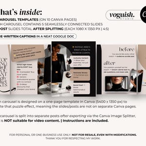 May include: A digital marketing template for Canva, featuring a black and white design with text and graphics. The template includes 10 carousel templates, 50 post slides, and pre-written captions. The design includes the "voguish. studio" logo.