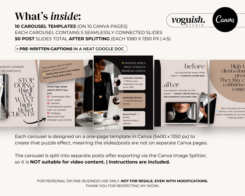 May include: A digital marketing template for Canva, featuring a black and white design with text and graphics. The template includes 10 carousel templates, 50 post slides, and pre-written captions. The design includes the "voguish. studio" logo.