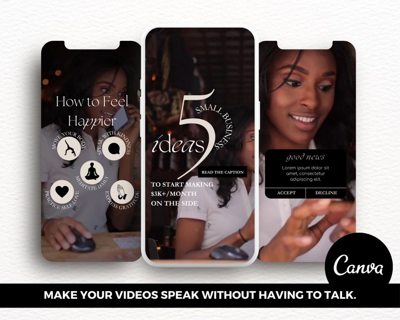 May include: Three smartphone screens displaying different video content. The first screen shows a list of tips on how to feel happier. The second screen shows a graphic with the text "5 ideas" and "Small Business" with a caption that reads "To start making &pound;2,500+/month on the side." The third screen shows a woman smiling and looking at her phone. A pop-up message on the screen reads "Good news" with two buttons that say "Accept" and "Decline".