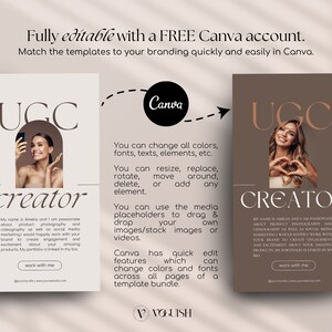 May include: Two social media templates with the text "UGC creator" in a modern, minimalist style. The templates feature a woman in a photo, text, and a call to action button that says "work with me".