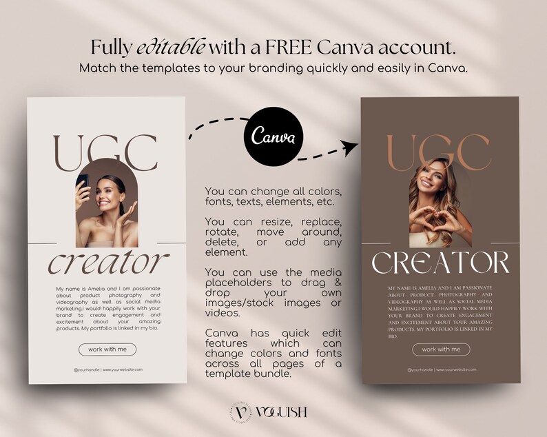 May include: Two social media templates with the text "UGC creator" in a modern, minimalist style. The templates feature a woman in a photo, text, and a call to action button that says "work with me".