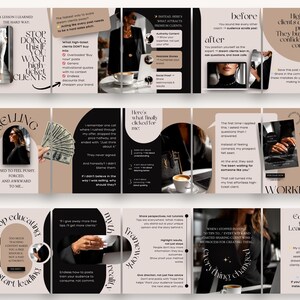 May include: A carousel of images with text and photos, offering business advice. The first image says "Stop doing this if you want high-ticket clients." Other images discuss attracting clients, selling, and the importance of clarity and confidence.