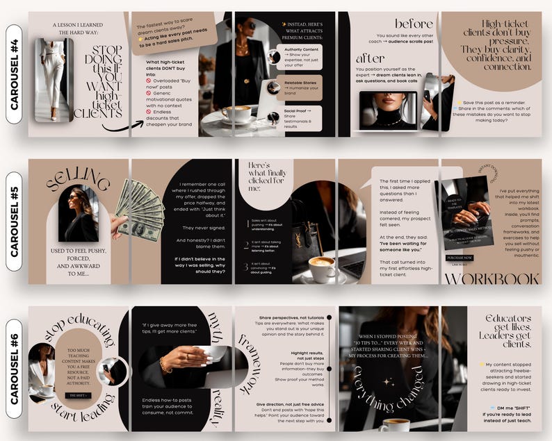 May include: A carousel of images with text and photos, offering business advice. The first image says "Stop doing this if you want high-ticket clients." Other images discuss attracting clients, selling, and the importance of clarity and confidence.