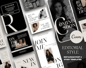 May include: A collection of Instagram post and story templates in a black and white editorial style. The templates feature text such as "On the Blog", "Join Me", "New In", "Relax, It's Already Yours", "You Are Doing Enough", "Coming Soon", and "Reminder".