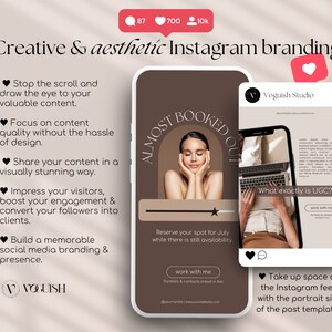 May include: A brown and white mobile phone screen with the text "Almost Booked Out" in a circle. The screen also shows the text "Reserve your spot for July while there is still availability." and "Work with me". The phone is on a white background with pink hearts.