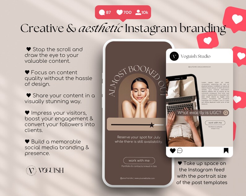 May include: A brown and white mobile phone screen with the text "Almost Booked Out" in a circle. The screen also shows the text "Reserve your spot for July while there is still availability." and "Work with me". The phone is on a white background with pink hearts.