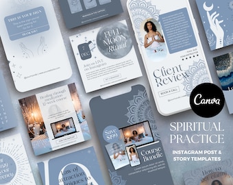 Plantillas espirituales de Instagram para coaches, plantillas místicas de Instagram en Canva, plantillas de la Ley de la Atracción, Instagram cósmico, Instagram azul