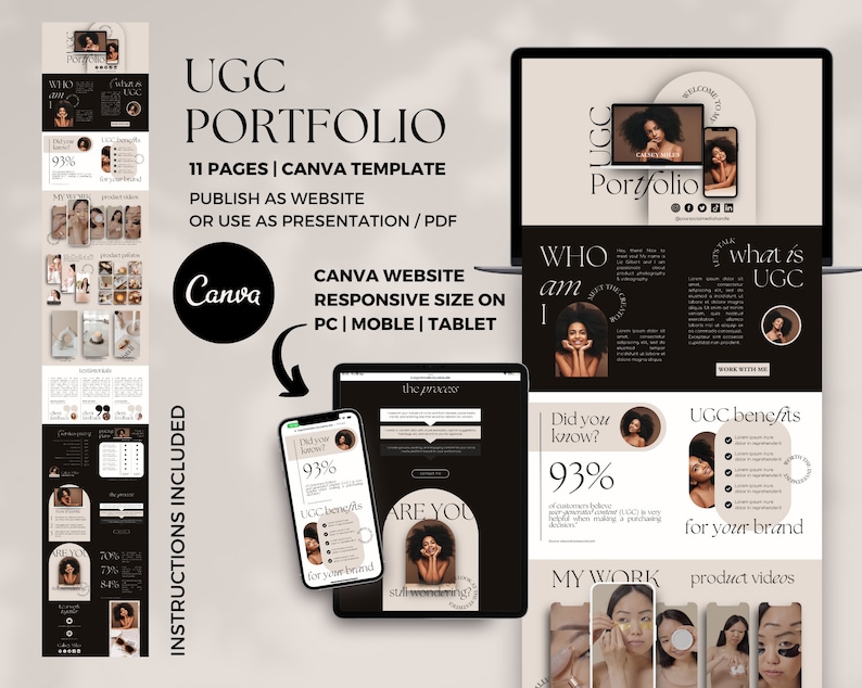 May include: A Canva template for a website or presentation portfolio for user-generated content (UGC). The template features a black and white color scheme with a modern design. The text "UGC Portfolio" is displayed in a large font size. The template includes 11 pages and is responsive for desktop, mobile, and tablet devices.