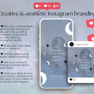 May include: A digital mock-up of a phone and Instagram post, featuring a woman meditating. The post includes the text "The importance of self-care in spiritual practice." The background is a starry sky with decorative elements.