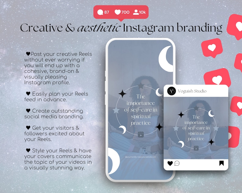 May include: A digital mock-up of a phone and Instagram post, featuring a woman meditating. The post includes the text "The importance of self-care in spiritual practice." The background is a starry sky with decorative elements.