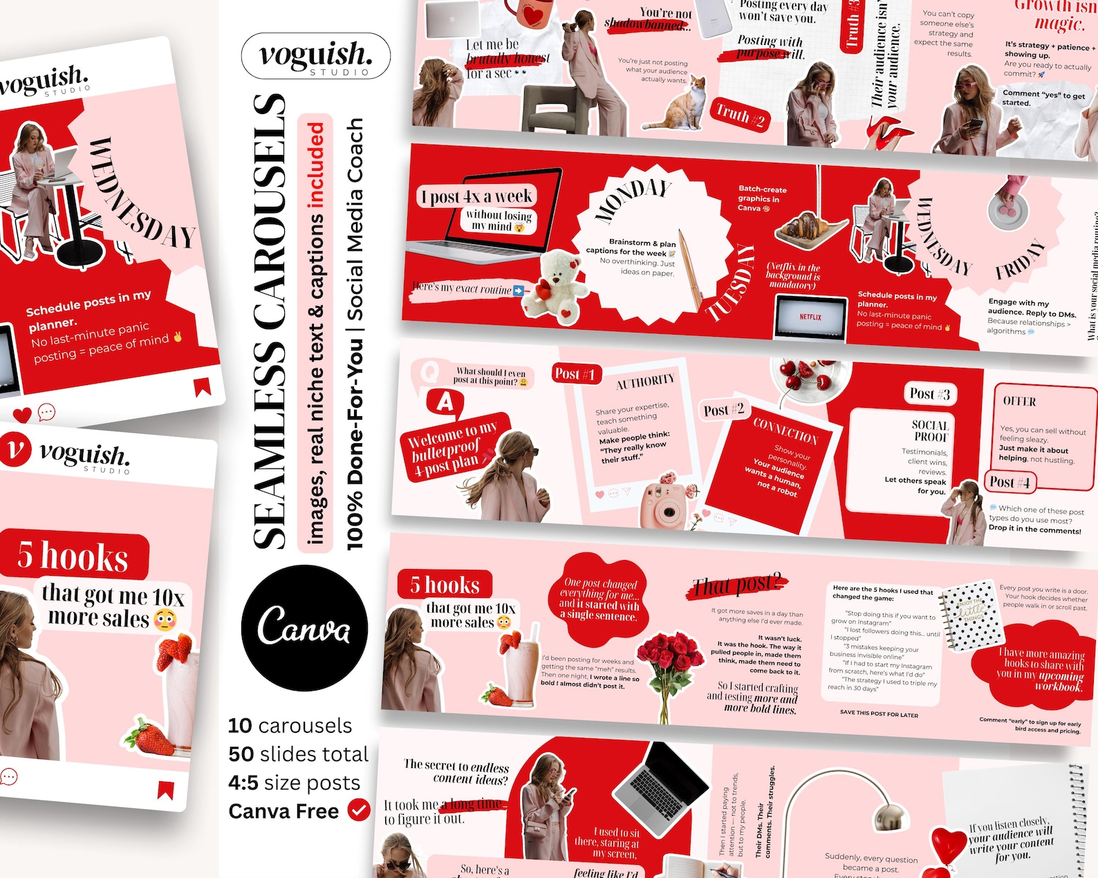 Seamless Carousel Instagram Canva Templates Pink Red, Scrapbook ...