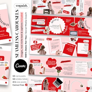 May include: A digital marketing product with a pink and white design. The product includes social media templates with text and graphics. The text includes "Seamless Carousels" and "100% Done-For-You". The product is for social media coaches.