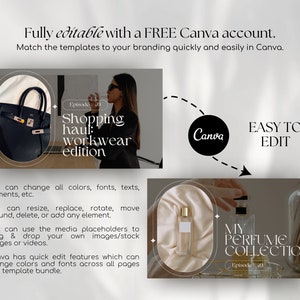 May include: Two Instagram story templates for a fashion and beauty influencer. The first template features a black handbag and the text "Shopping haul: workwear edition". The second template features a clear glass bottle of perfume and the text "My Perfume Collection". Both templates have a white background with a light gray overlay.