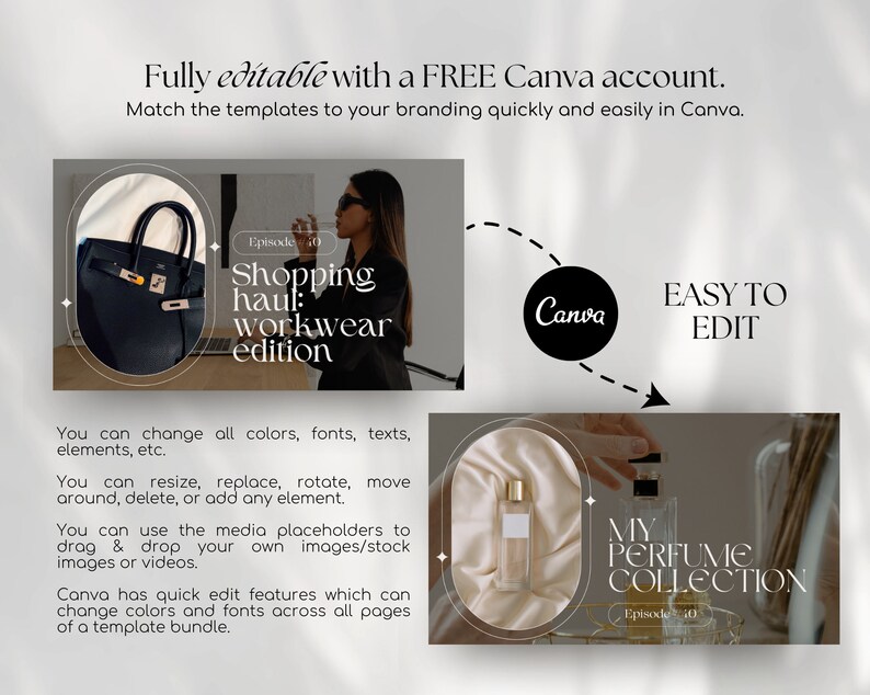 May include: Two Instagram story templates for a fashion and beauty influencer. The first template features a black handbag and the text "Shopping haul: workwear edition". The second template features a clear glass bottle of perfume and the text "My Perfume Collection". Both templates have a white background with a light gray overlay.