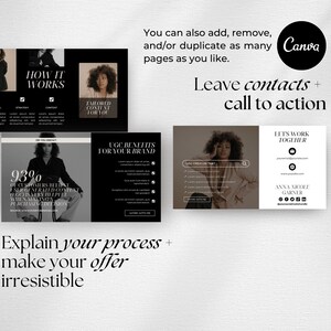 May include: A black and white image with text that reads "How it works", "Tailored content for you", "93% of customers believe UGC is very helpful when making a purchasing decision", "UGC benefits for your brand", "Let's work together", and "Explain your process + make your offer irresistible". The image also includes a search bar with the text "UGC creator text".
