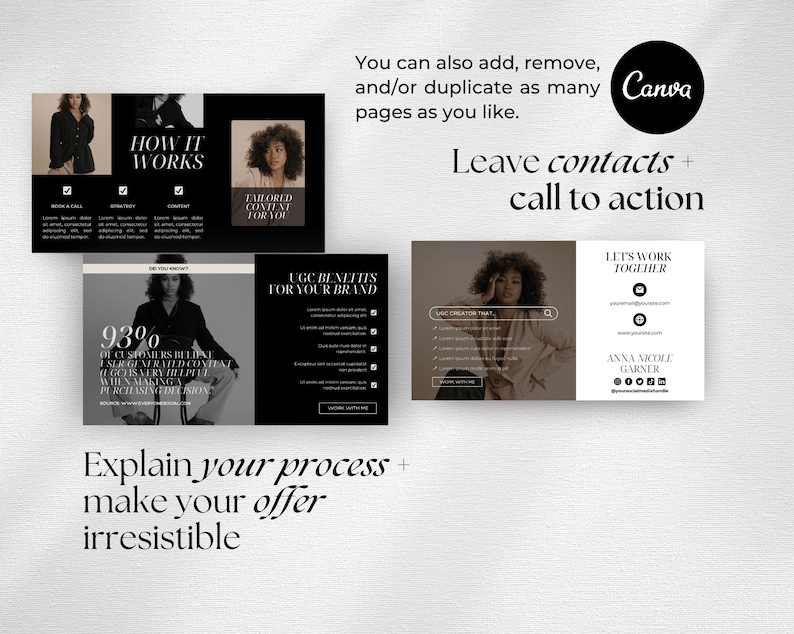 May include: A black and white image with text that reads "How it works", "Tailored content for you", "93% of customers believe UGC is very helpful when making a purchasing decision", "UGC benefits for your brand", "Let's work together", and "Explain your process + make your offer irresistible". The image also includes a search bar with the text "UGC creator text".