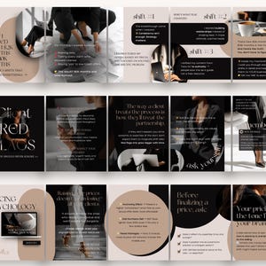 May include: A multi-panel graphic with text and images. The panels discuss business strategies, including client red flags, pricing psychology, and how to increase revenue. The color scheme is black, beige, and white. The text includes phrases like "Client Red Flags" and "Pricing Psychology 101".