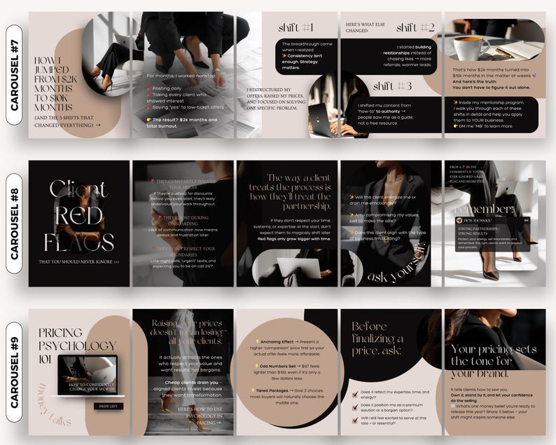 May include: A multi-panel graphic with text and images. The panels discuss business strategies, including client red flags, pricing psychology, and how to increase revenue. The color scheme is black, beige, and white. The text includes phrases like "Client Red Flags" and "Pricing Psychology 101".