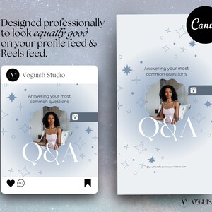May include: A light blue social media template with the text "Q&A" in large white letters. The template includes a photo of a woman and the text "Answering your most common questions". The Canva logo is in the upper right corner.