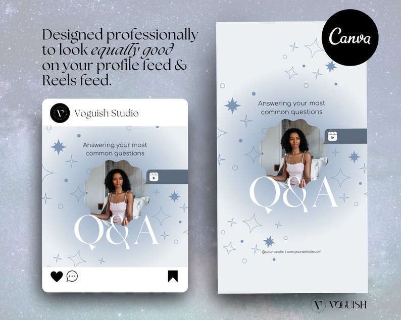 May include: A light blue social media template with the text "Q&A" in large white letters. The template includes a photo of a woman and the text "Answering your most common questions". The Canva logo is in the upper right corner.