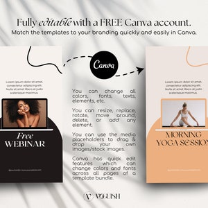 May include: Two Canva templates for social media posts. The left template is black with a white circle and the text "Free Webinar". The right template is peach with a white circle and the text "Morning Yoga Session". Both templates have a curved line design and the text "Canva" is visible in the middle of the image.
