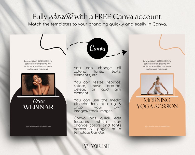 May include: Two Canva templates for social media posts. The left template is black with a white circle and the text "Free Webinar". The right template is peach with a white circle and the text "Morning Yoga Session". Both templates have a curved line design and the text "Canva" is visible in the middle of the image.