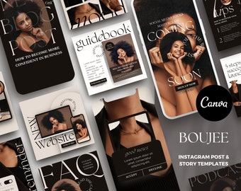 May include: A collection of Instagram post and story templates for social media marketing. The templates feature a modern, minimalist design with black and white text and images of women. The text includes phrases like "New Blog Post", "How to Become More Confident in Business", "Coming Soon", and "Good News".