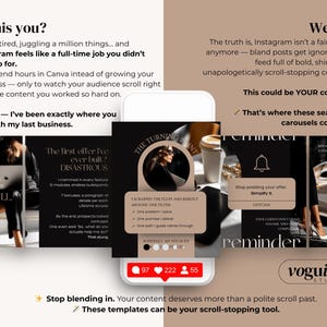 May include: A digital marketing graphic with a phone mockup displaying Instagram carousel templates. The templates feature text and images with a neutral color palette. Text includes "Is this you?" and "Stop blending in." The image also shows a social media engagement counter.