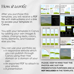 May include: A how-to guide for using a Canva template to create a portfolio website. The guide includes steps for editing the template, adding images and videos, and publishing the website. The guide also mentions that the photos in the template are for presentation purposes only and are not included in the template.
