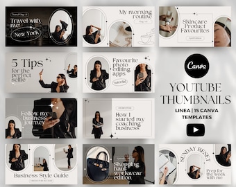 Modèles de vignettes YouTube Canva, kit de marque YouTube, conception de chaîne minimaliste, vignettes YouTube, modèles YouTube d'influence, Vlog