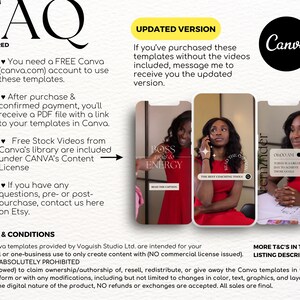 May include: A Canva template FAQ with a red and white colour scheme. The text includes information about using Canva templates, free stock videos, and terms and conditions. The image also includes a screenshot of a Canva template with the text "Boss Energy" and "Reminder".