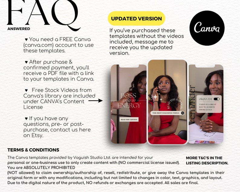 May include: A Canva template FAQ with a red and white colour scheme. The text includes information about using Canva templates, free stock videos, and terms and conditions. The image also includes a screenshot of a Canva template with the text "Boss Energy" and "Reminder".
