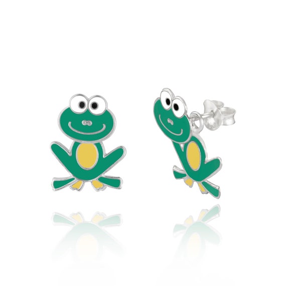 Children s Sterling Silver Green Enamel Frog Drop Stud Earrings