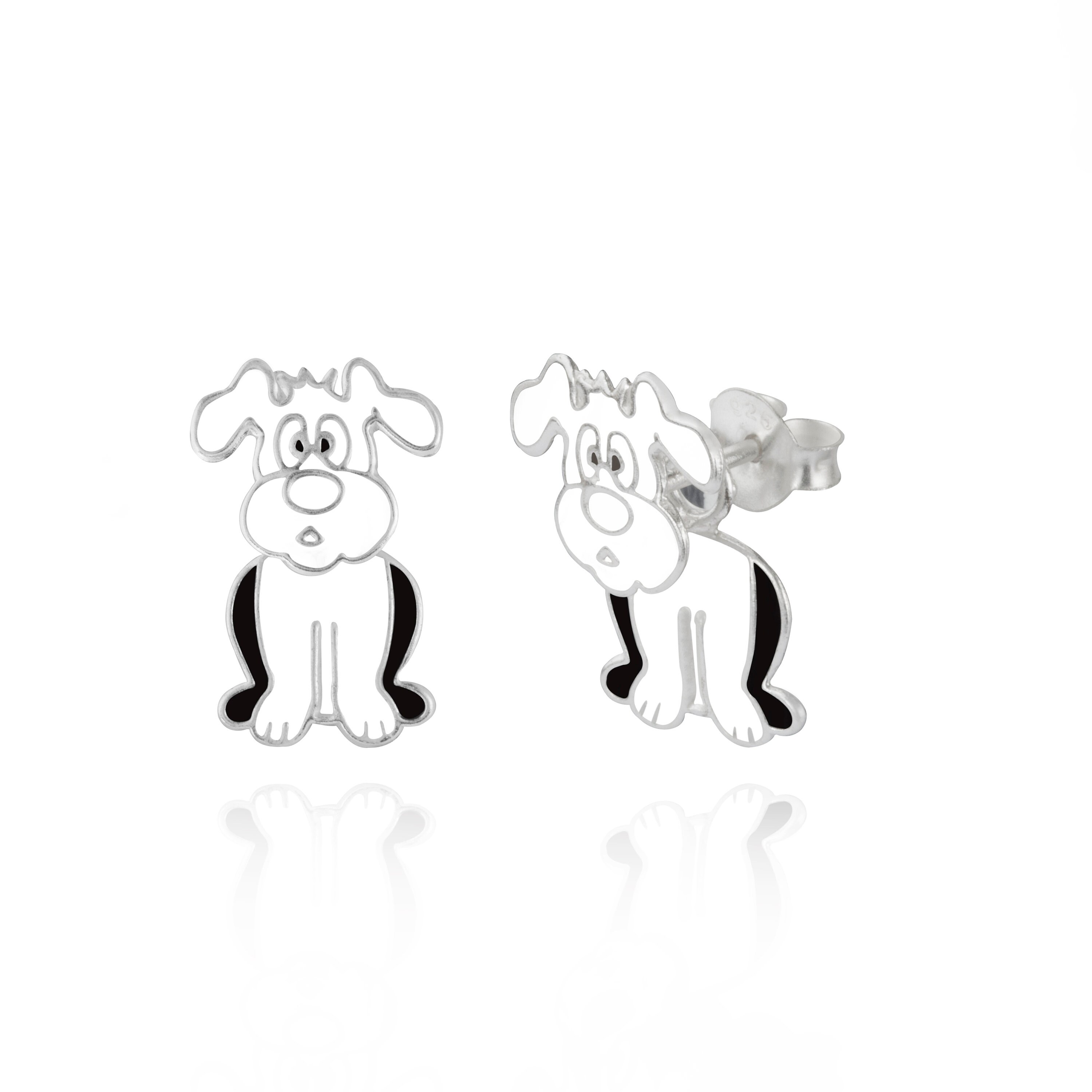 925 Sterling Silver Black White Dog Puppy Enamel Stud Earrings Animals Girls 