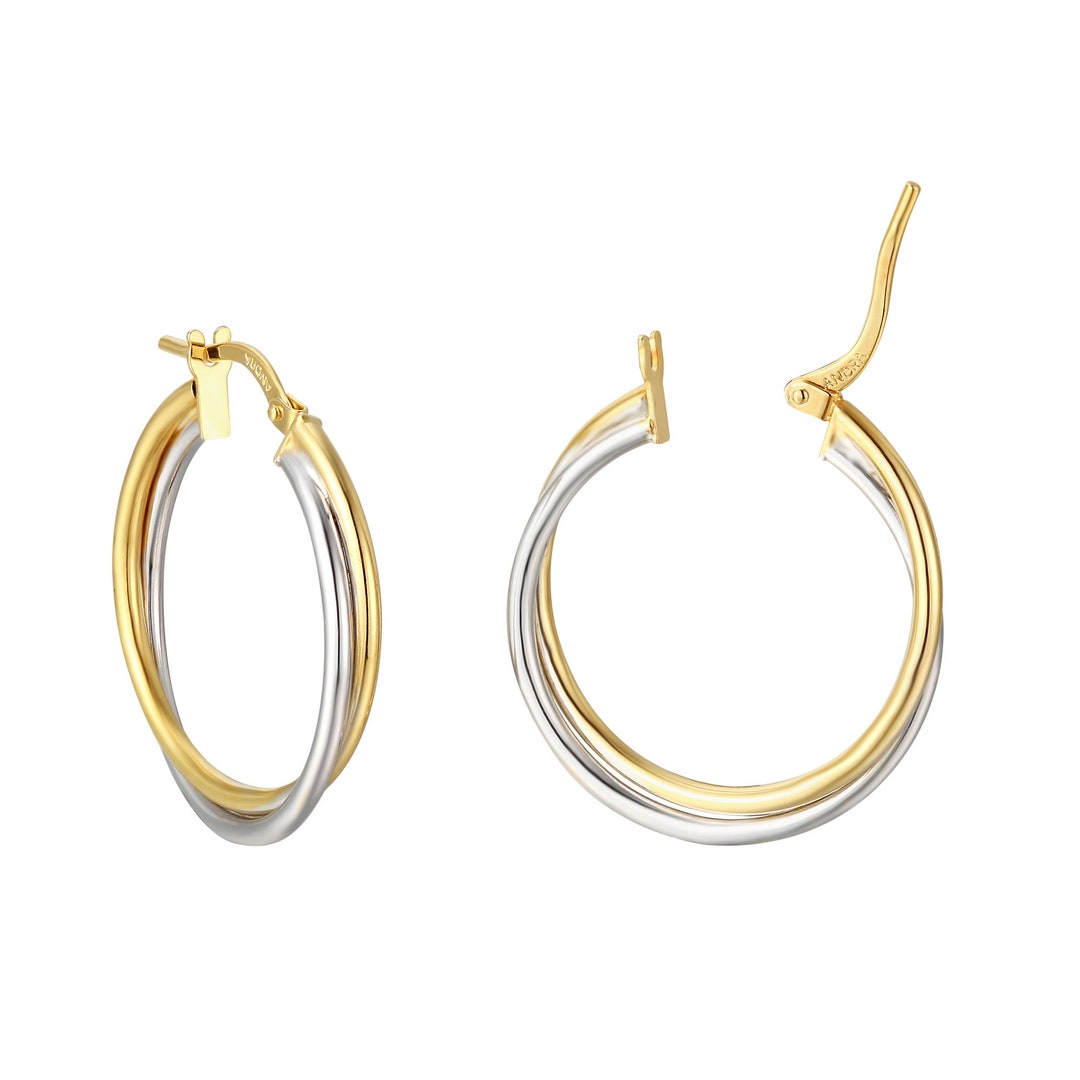 9ct Twotone Gold Double Hoop Twist Earrings Etsy