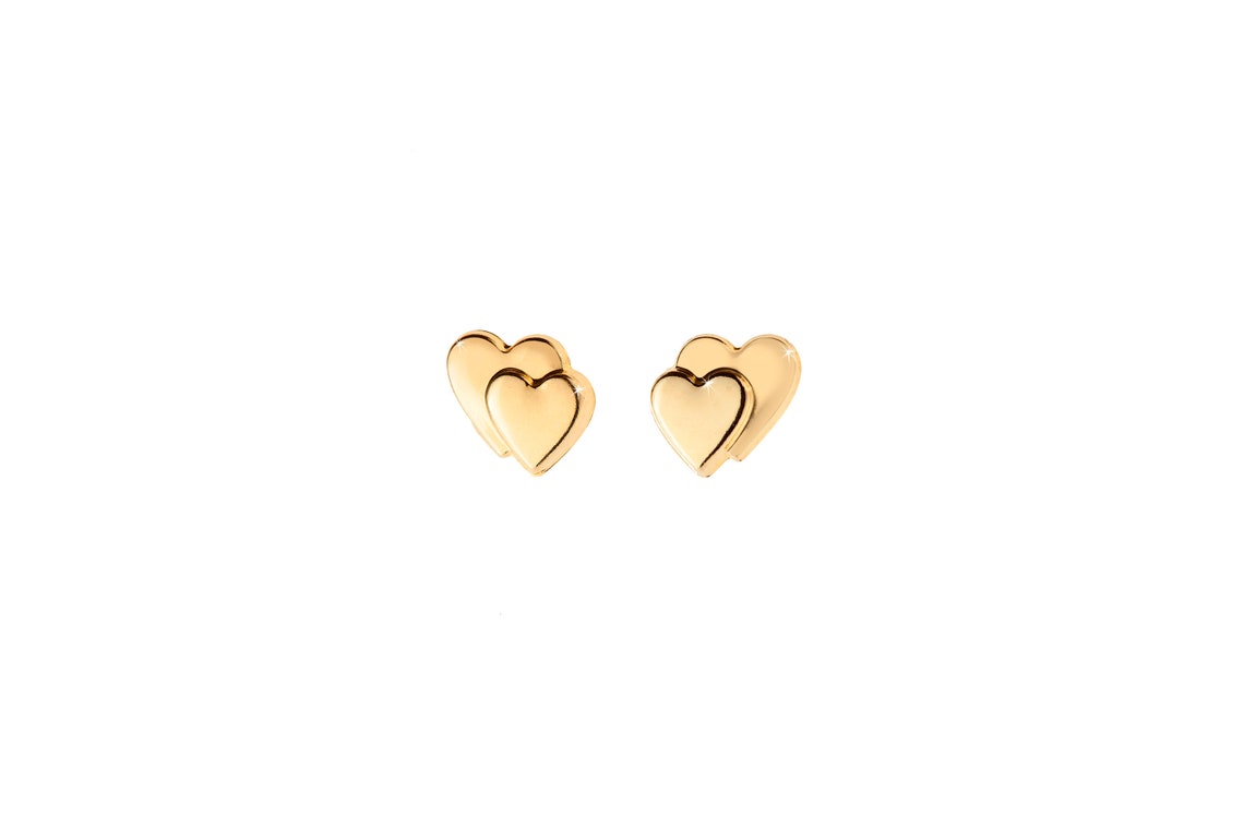 9ct Gold Double Heart Stud Earrings With Heart Gift Box Etsy