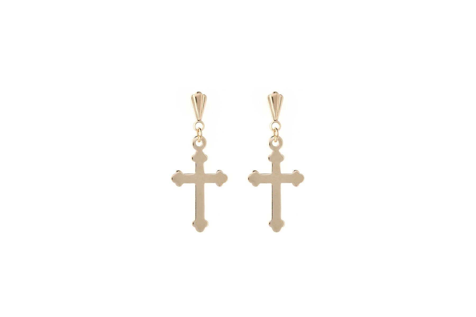 18k Gold Plated Clear CZ Religious Cross Earrings with Screw on Backs Girls Kids 
