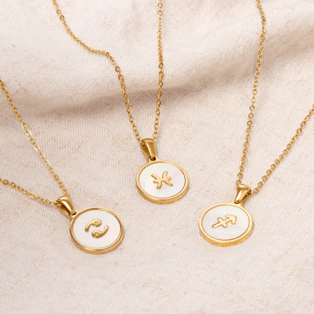 Gold Mother of Pearl Zodiac Charm Necklace Etsy