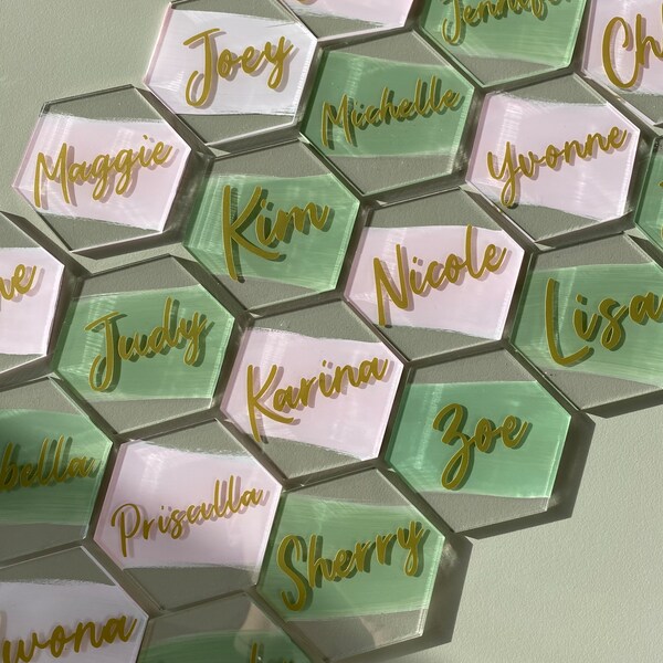 Hexagon Acrylic Name Place Cards | Wedding | Bridal Shower | Baby Shower | Bachelorette | Custom Name Card | Party Favors