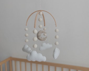Clouds and Moon Baby Mobile - Handmade Nursery Decor and Baby Shower Gift