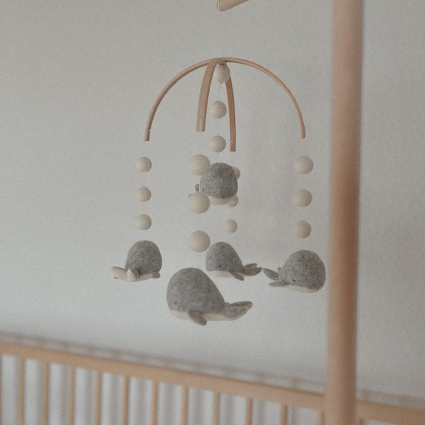 Ocean-themed Baby Whale Mobile and Pom Poms - for the perfect skandinavian nursery and baby shower gift