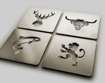 Stainless Steel Drink Coaster - Animal Pack x4 / Wedding Gift / Scottish Gift / Birthday Present