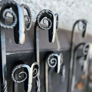 May include: Close-up of several black metal hooks shaped like ram's heads with intricate curled details. The hooks are mounted on a wall.