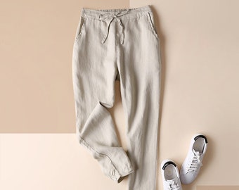 Women's Summer Linen Pants, Elastic Drawstring Waist, Slim Pants